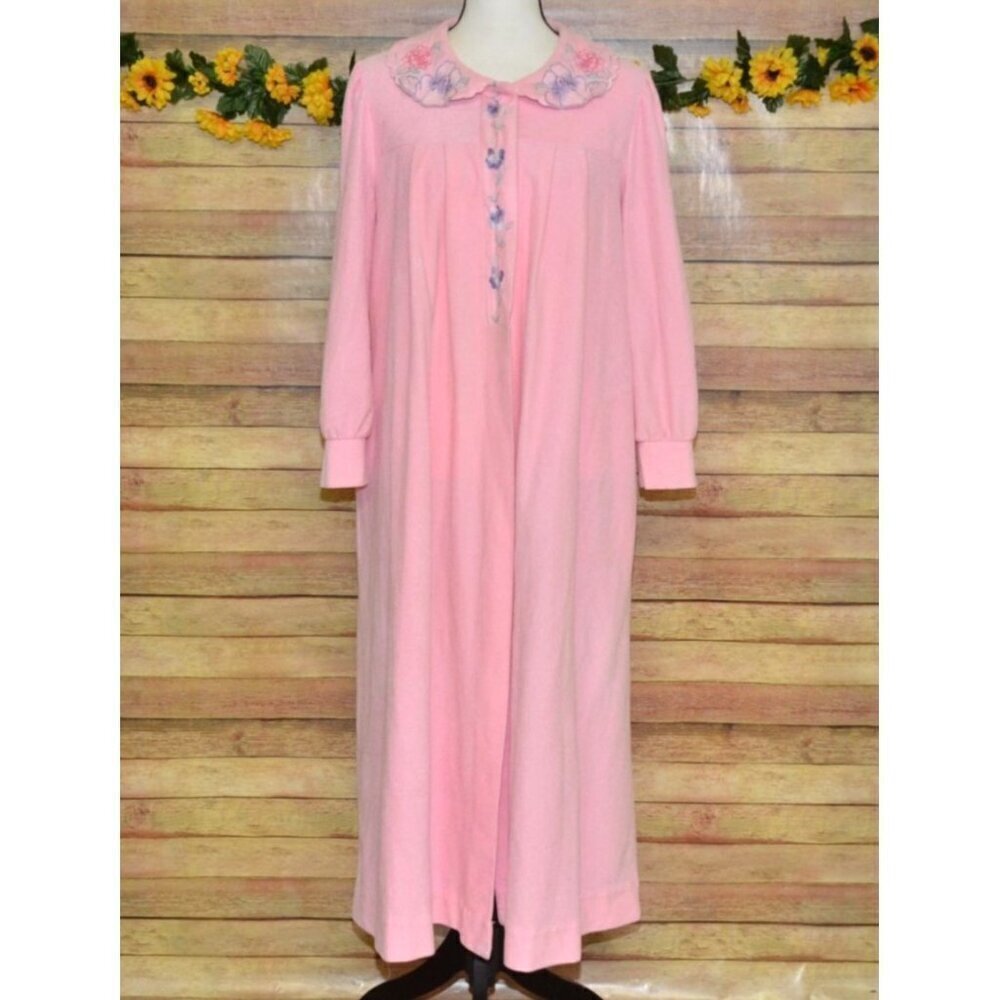 Vintage Vanity Fair Ladies M Terry Cloth Pink Housecoat Pockets Embroidered